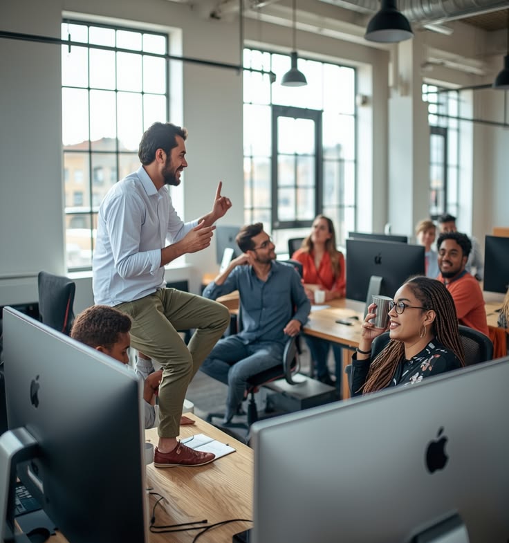 Team members collaborating in a modern workspace