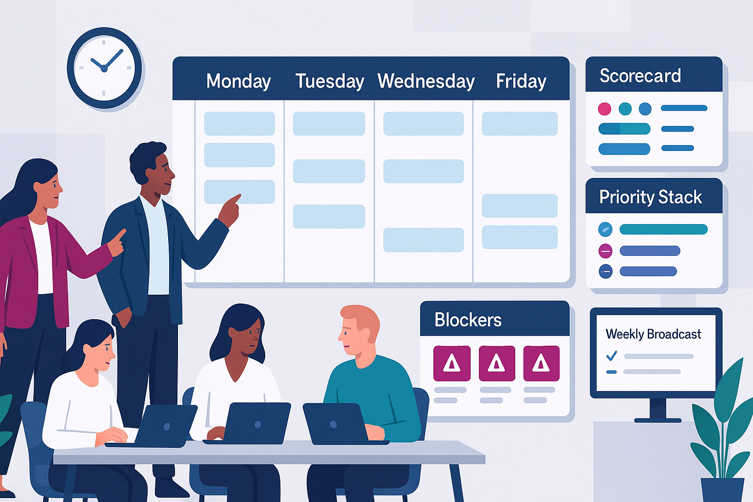 Team rhythm planning board with scheduling elements